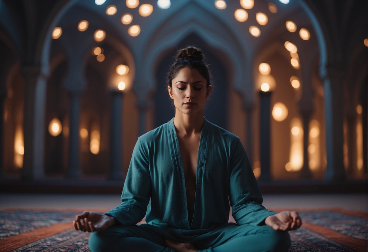 A person engages in a Mind, Body, and Spirit workout during Ramadan in 2024. The scene includes yoga poses, meditation, and deep breathing exercises