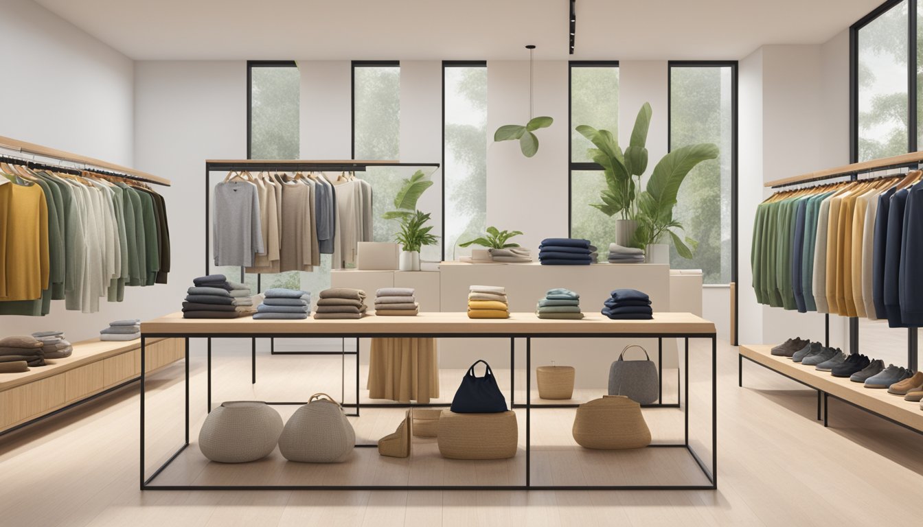A diverse array of eco-friendly clothing brands displayed in a modern, minimalist store setting. Garments made from sustainable materials and stylish designs appeal to conscious consumers
