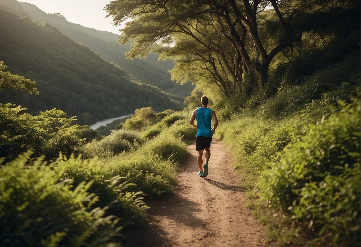 A runner on a scenic trail, surrounded by lush greenery, with a clear path stretching into the distance