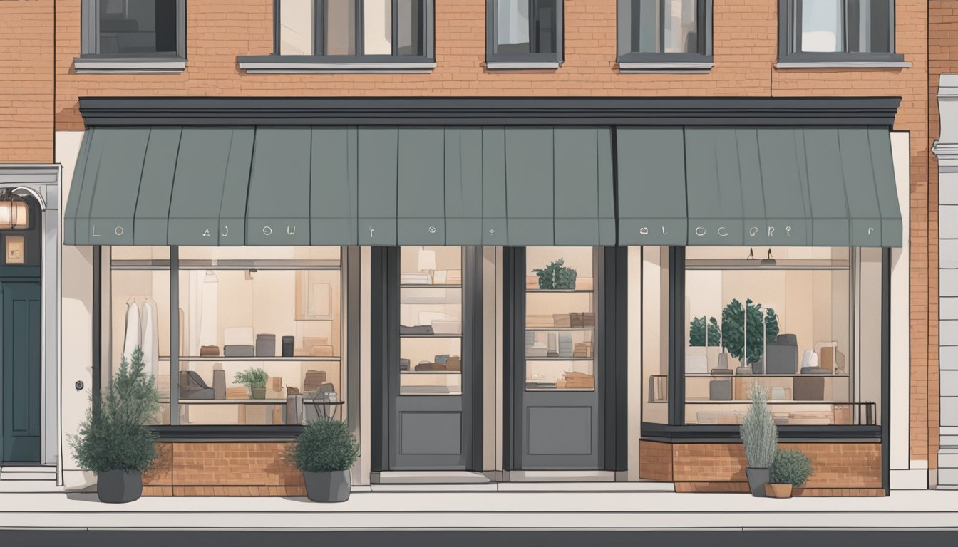 A cozy storefront with a modern, minimalist design showcasing the Lou and Grey brand logo prominently