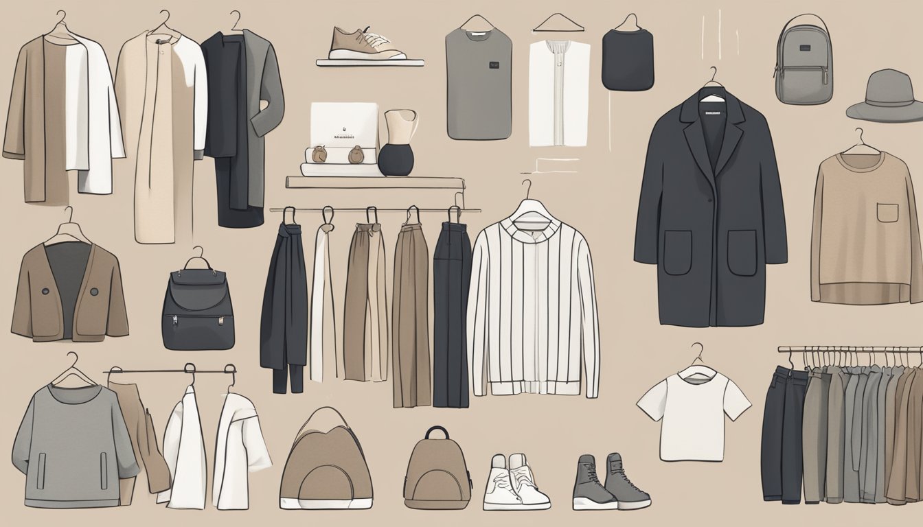 A display of cozy, minimalist clothing with neutral tones, soft textures, and modern silhouettes. Labels and tags featuring brand names similar to Lou and Grey