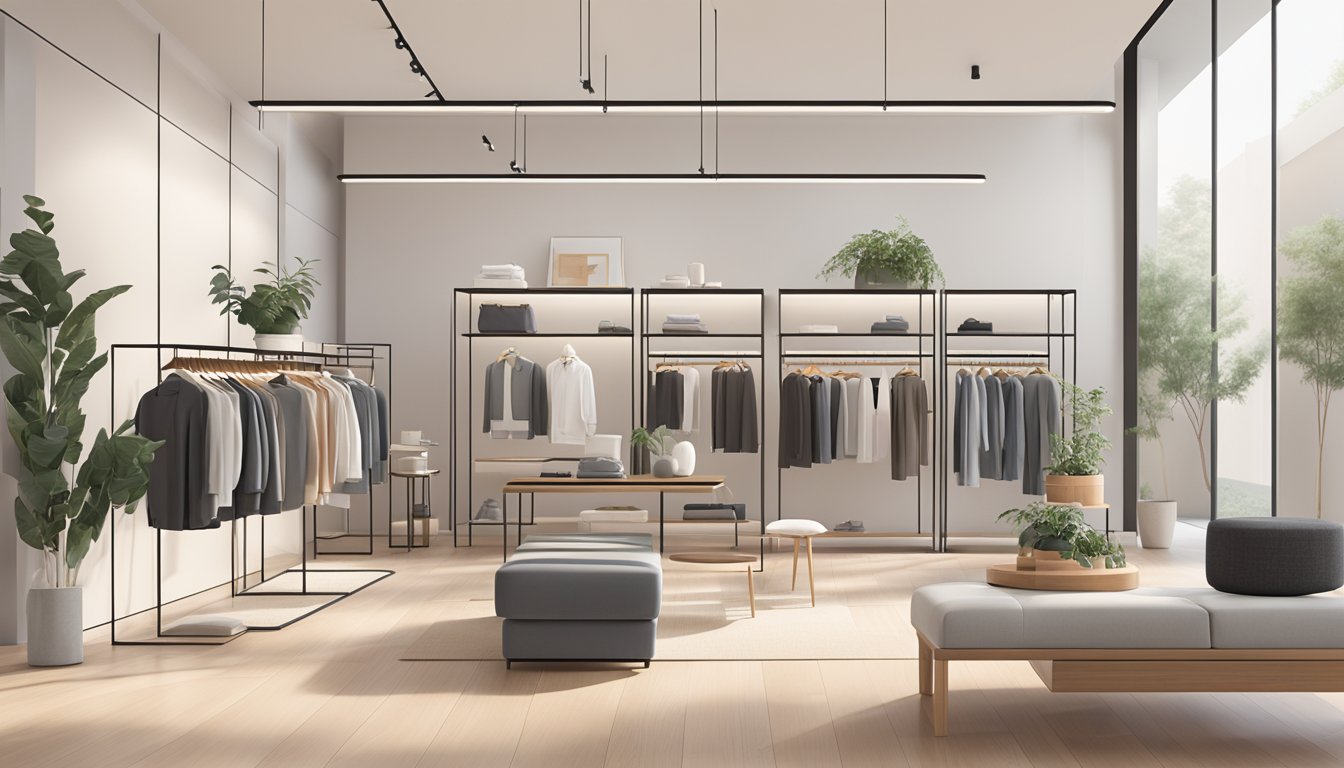 A sleek and modern clothing store with minimalist decor, featuring the brands Lou and Grey