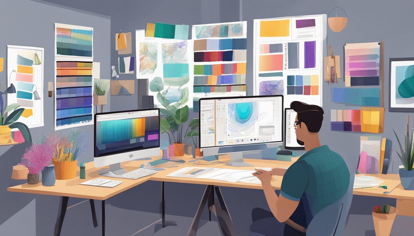 A vibrant studio with mood boards, fabric swatches, and sketches. A computer with design software open, while the creative director gives feedback to a team of designers