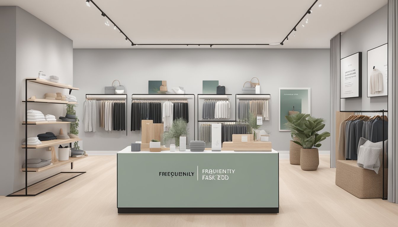 A display of Lou and Grey branded products with a sign reading "Frequently Asked Questions" in a modern, minimalist store setting