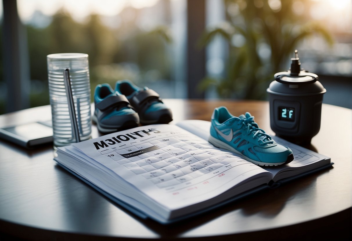 A calendar with 6 months highlighted, running shoes, a stopwatch, a water bottle, and a training plan booklet on a table