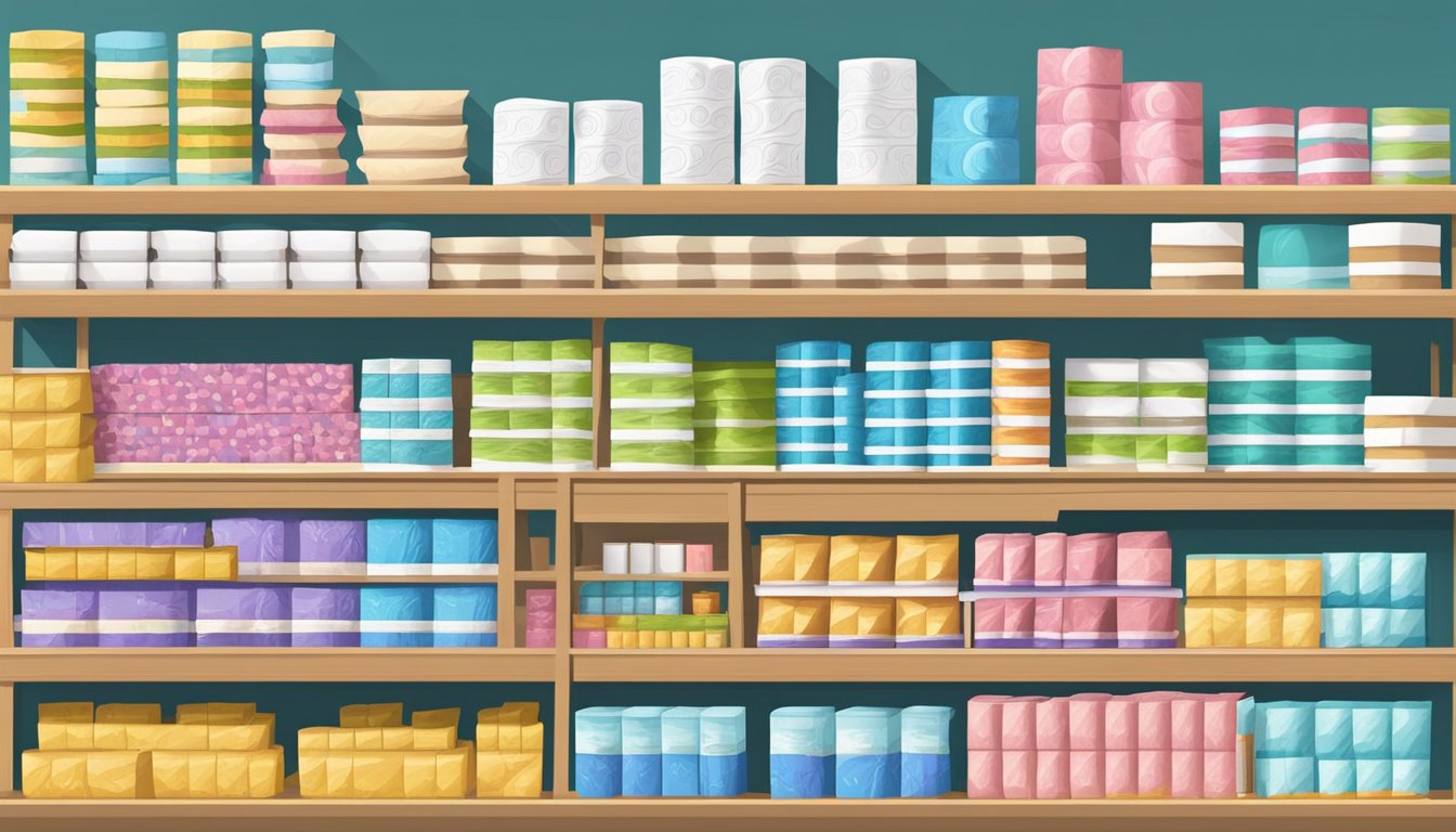 Various toilet paper brands stacked on shelves, with colorful packaging and different sizes. A customer comparing prices and quality