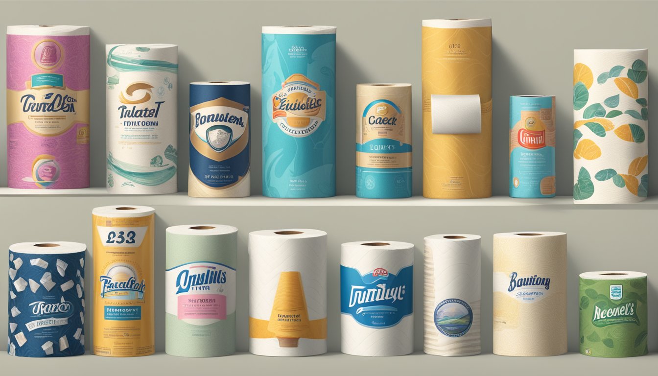 Various toilet paper brands arranged in a timeline from oldest to newest, showing the evolution of packaging and design