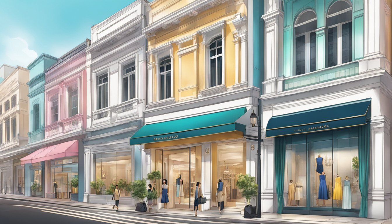 A vibrant display of luxury storefronts in Singapore, showcasing the pinnacle of fashion with sleek, modern designs and captivating window displays