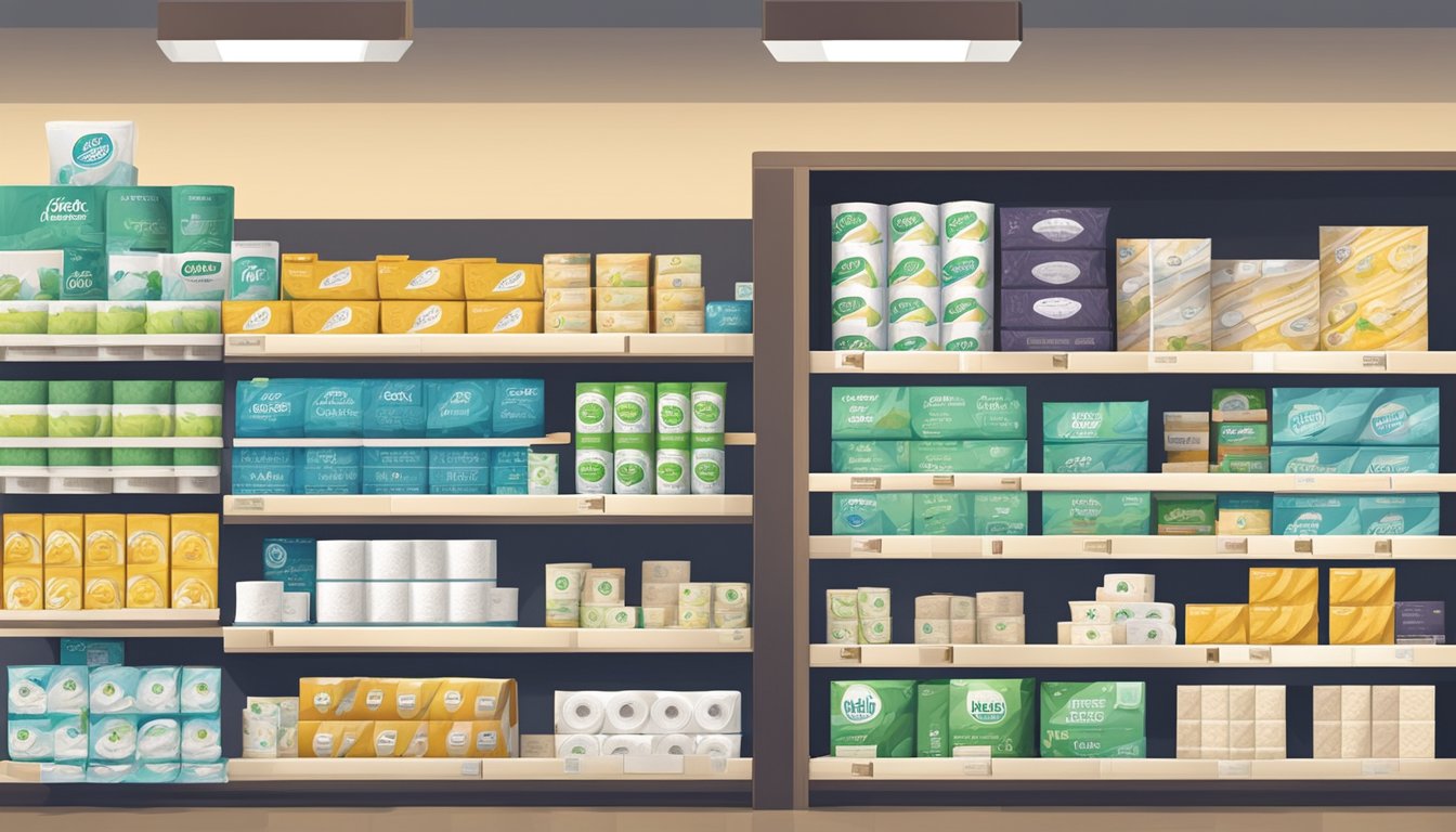 Various toilet paper brands displayed on shelves in a store, with eco-friendly packaging and labels promoting environmental considerations