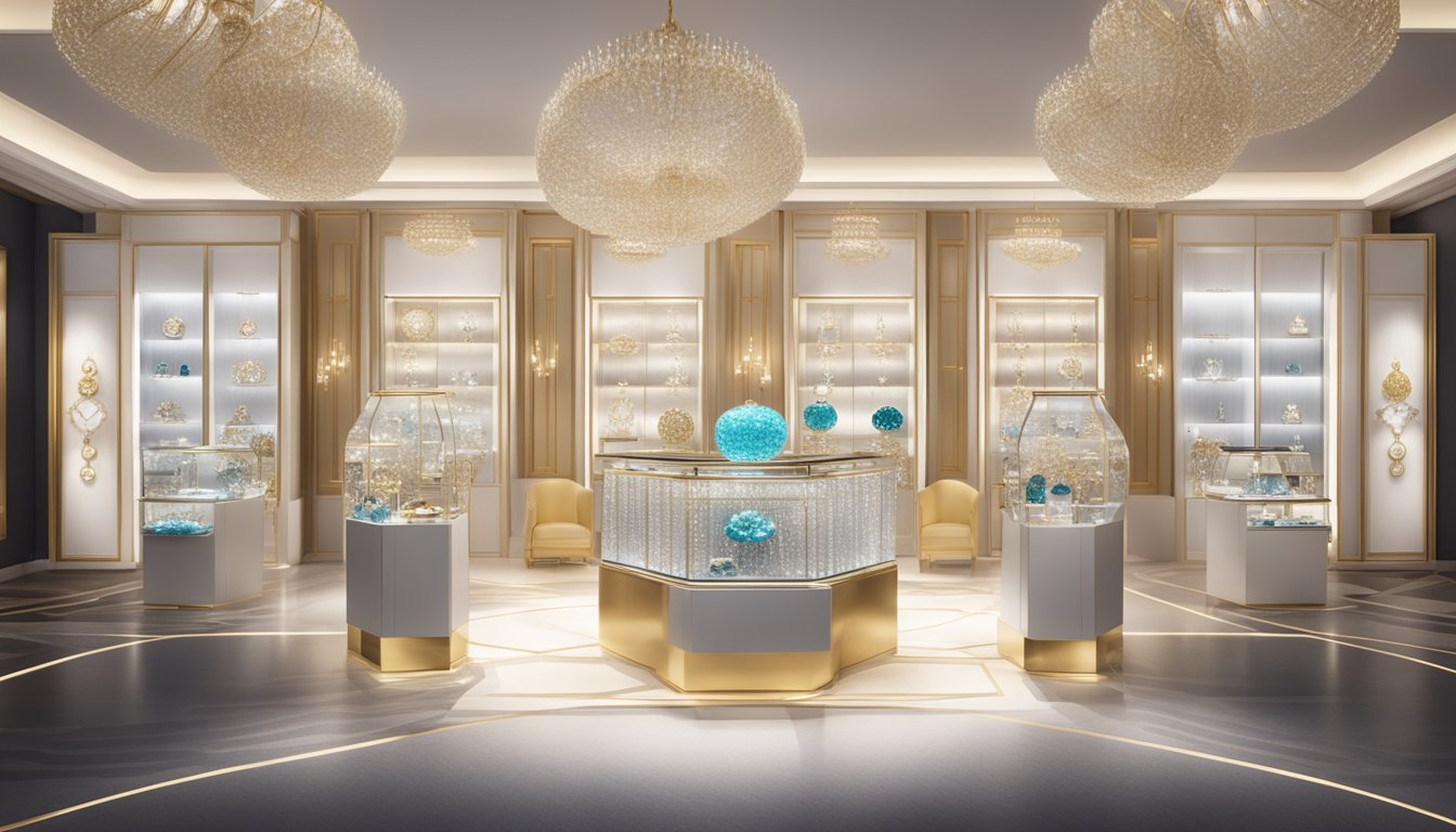 Luxurious display of top Singaporean jewellery and accessories brands. Glittering gems, sleek designs, and elegant packaging