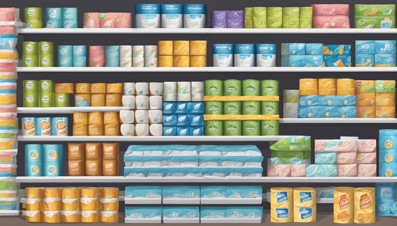 Various toilet paper brands displayed on store shelves, with consumers comparing packaging and prices