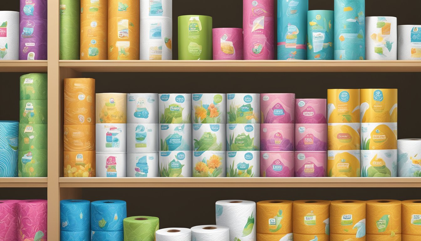 A variety of unique toilet paper brands displayed on shelves with vibrant packaging and eco-friendly labels