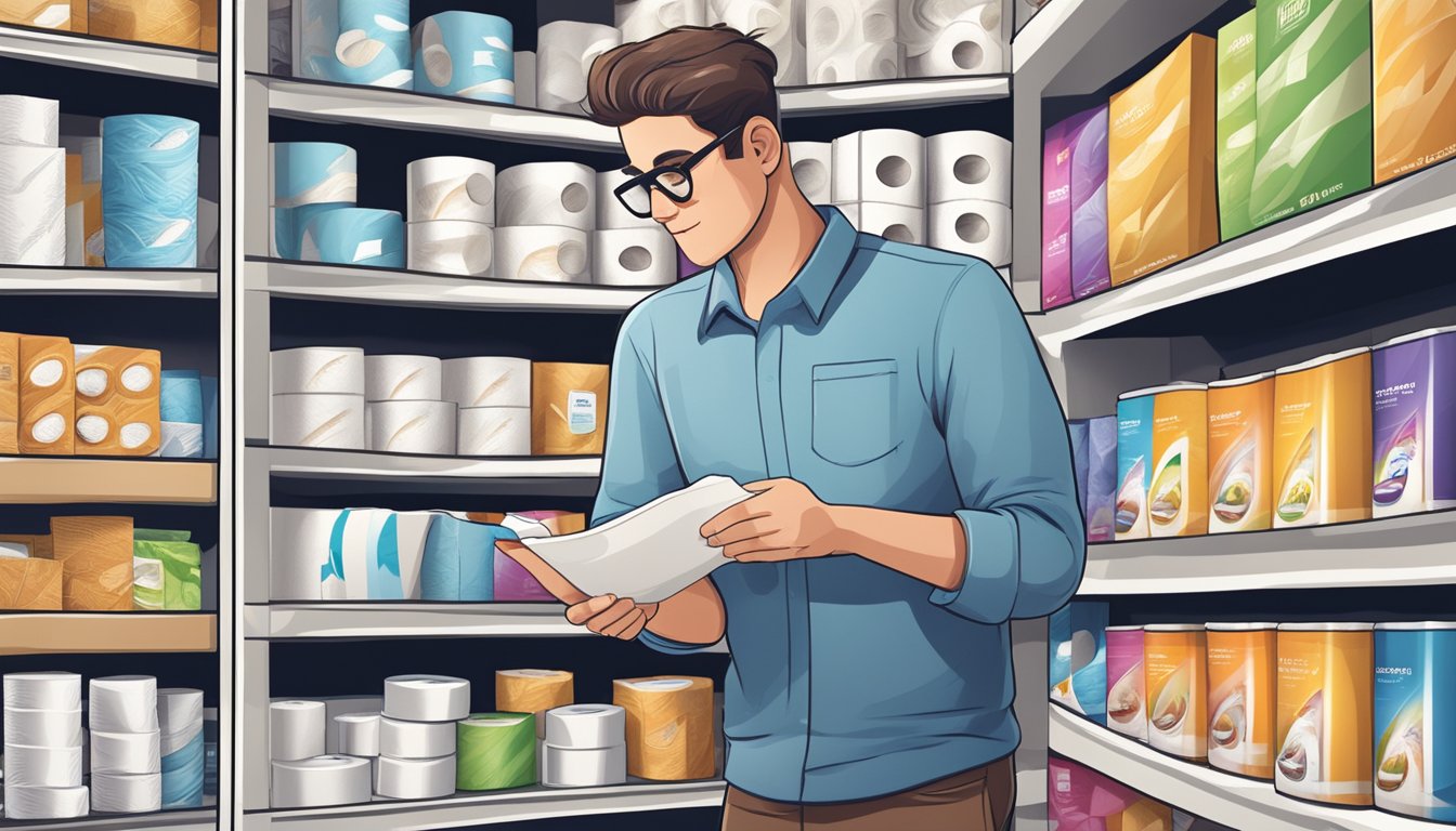 A person compares various toilet paper brands on a store shelf, holding a purchasing guide and examining the packaging