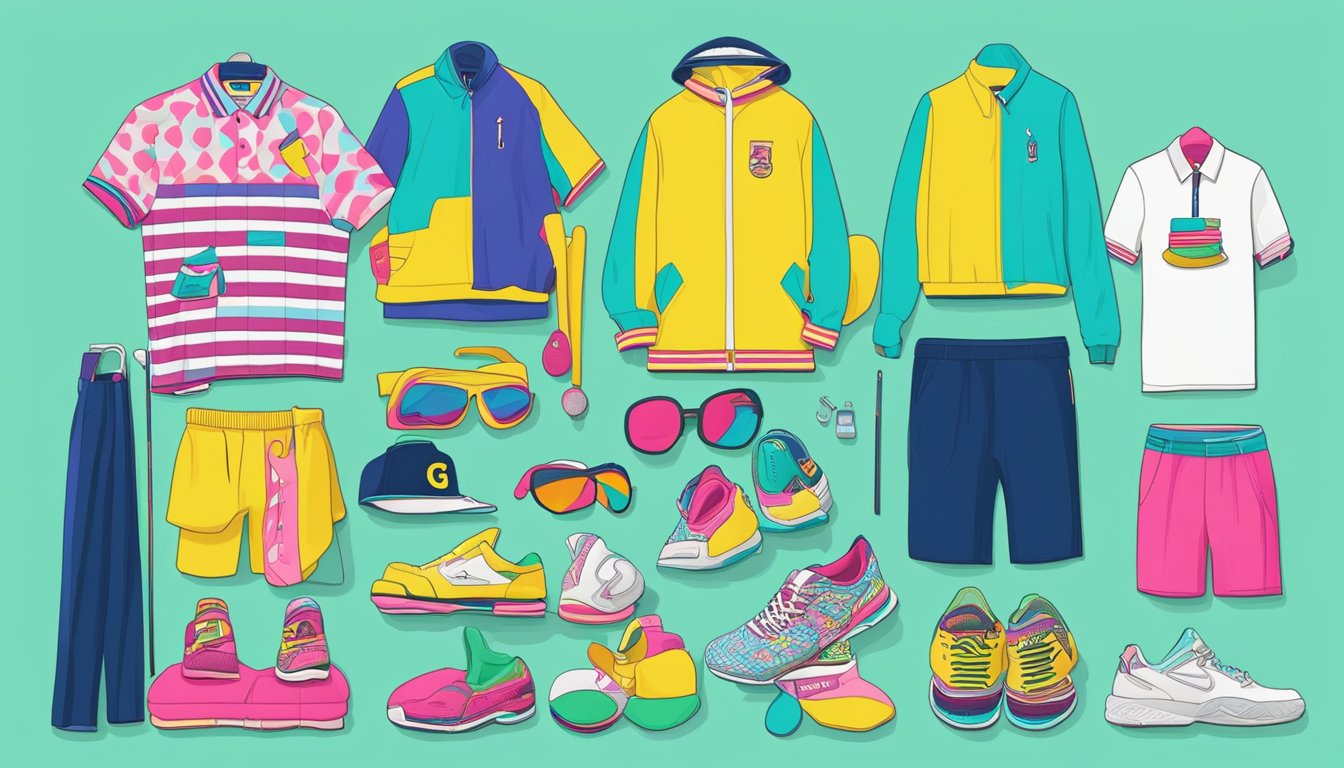 A colorful display of Golf Wang merchandise, including clothing, accessories, and shoes, arranged in a vibrant and eye-catching manner
