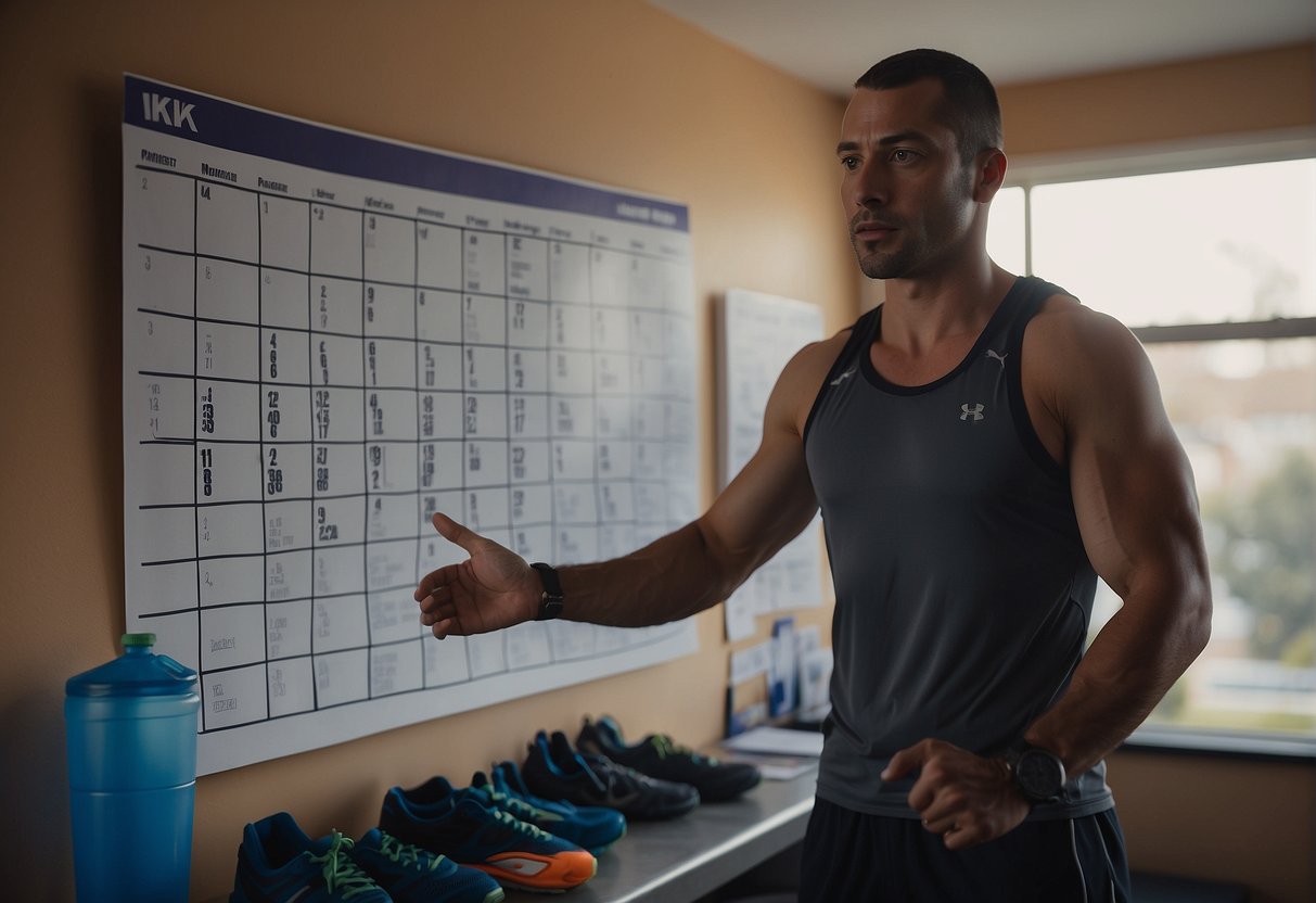 A runner stands in front of a calendar, marking off days. Running shoes and a water bottle sit nearby. A determined expression on the runner's face