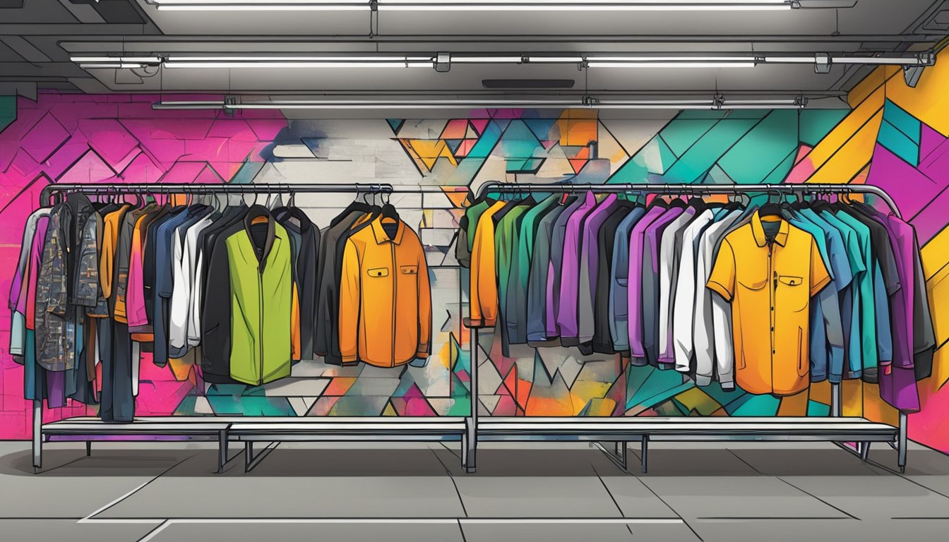 Vibrant colors and bold patterns adorn the clothing racks, while a graffiti-covered wall serves as a backdrop for the edgy and urban atmosphere