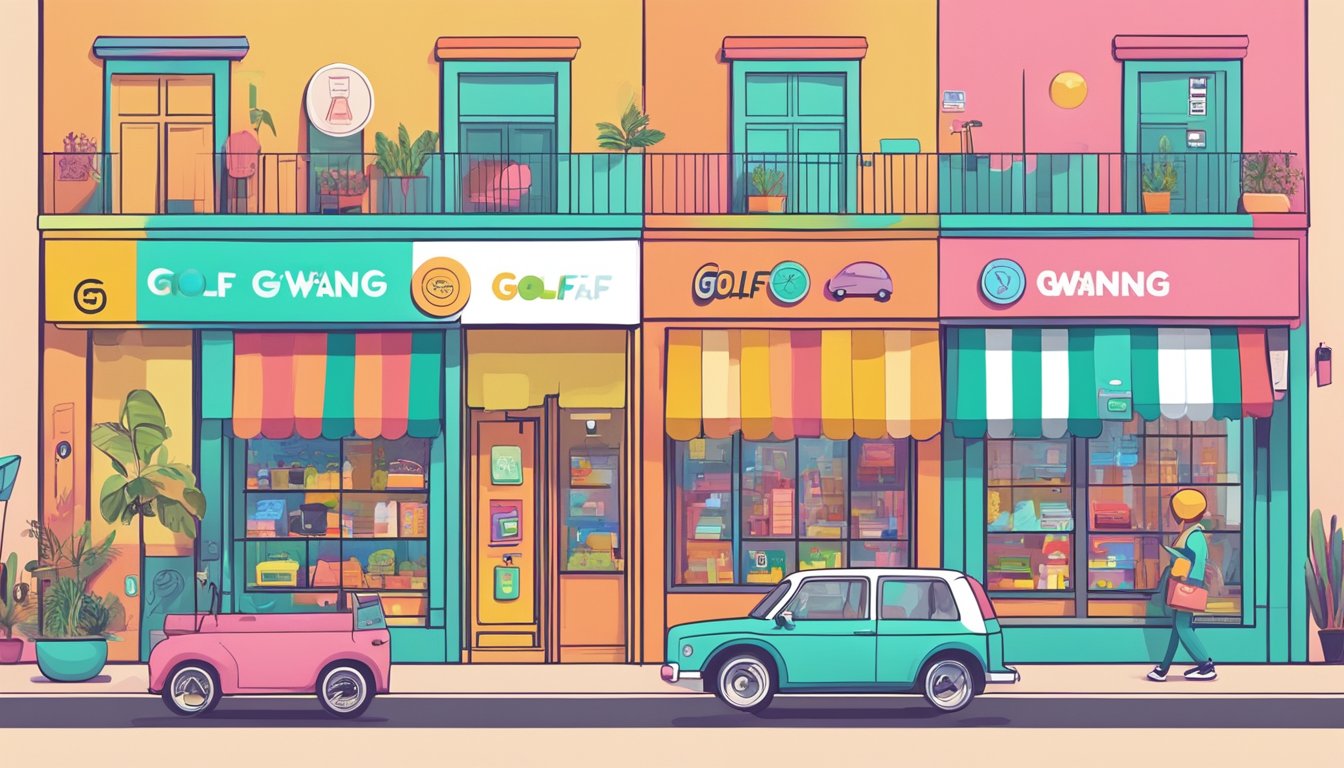 A colorful street lined with various storefronts and online shopping icons, featuring the distinct logo of Golf Wang among other popular brands