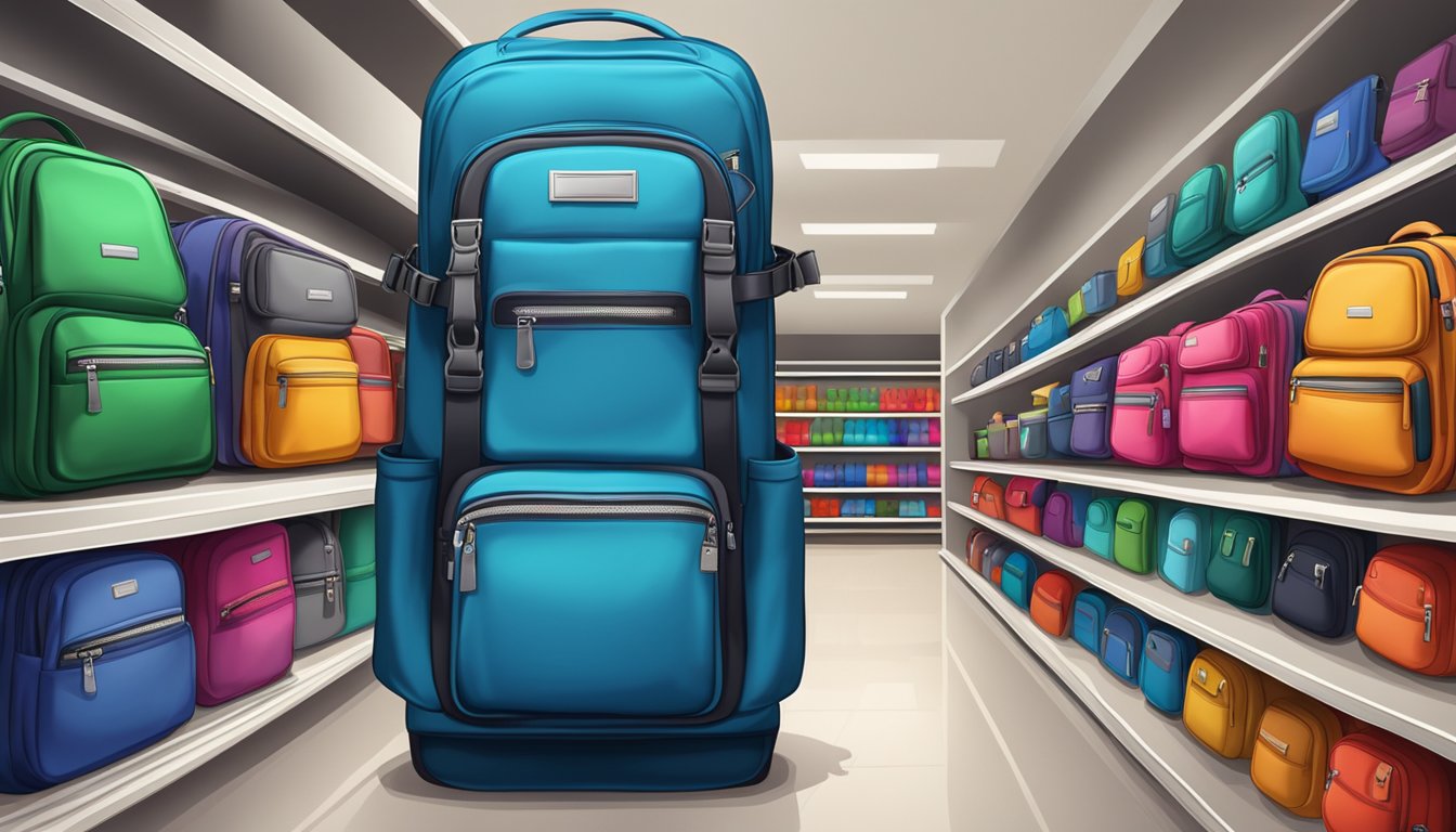 A row of colorful, durable backpacks and messenger bags, with distinct logo patches, displayed on sleek shelves in a modern store