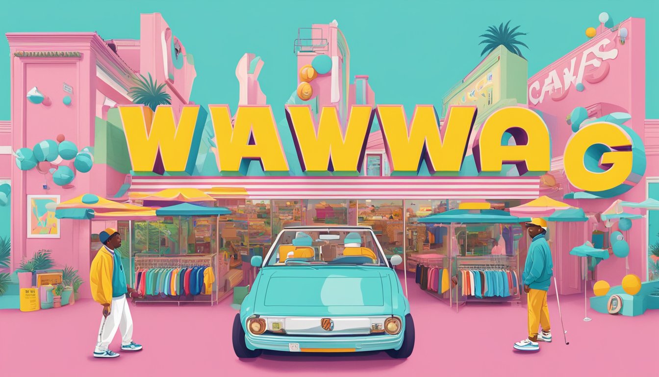 A colorful display of frequently asked questions about Golf Wang brand, with bold typography and playful graphics