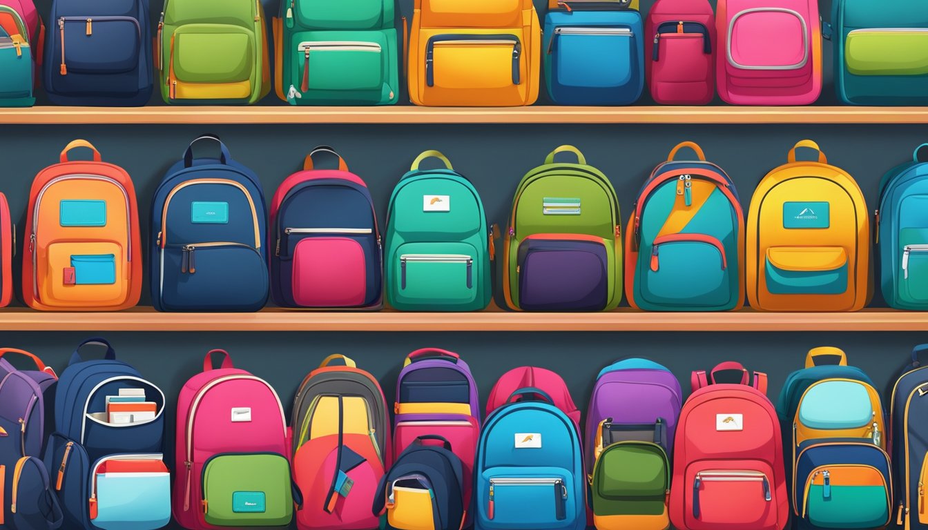 Colorful backpacks arranged in a display, with bold branding and sleek designs. Surrounding shelves filled with various alternative bag options