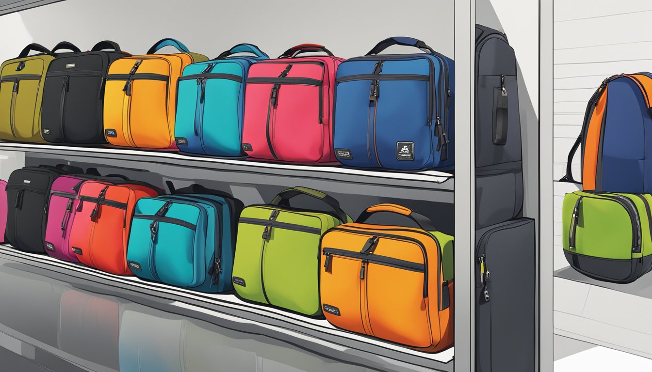 A variety of innovative bag designs from brands similar to Crumpler are displayed on a sleek, modern display shelf. Bright colors and unique shapes catch the eye