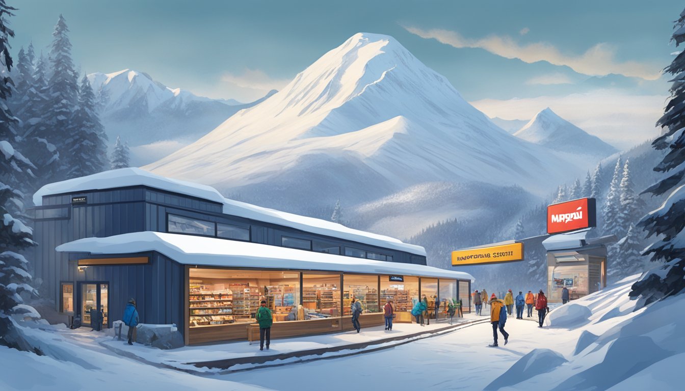 A snowy mountain landscape with a prominent Napapijri store sign amidst other outdoor brands' logos
