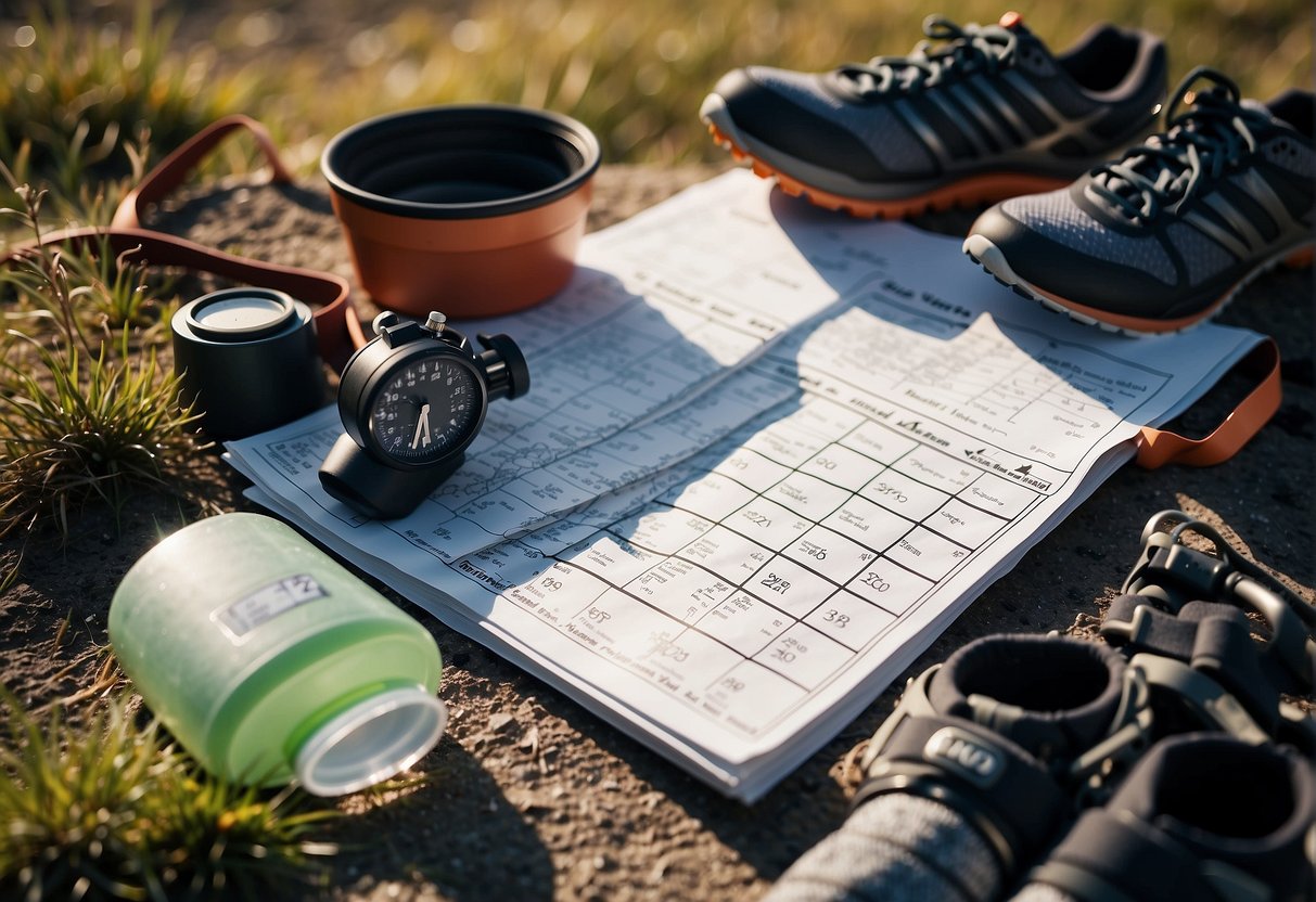 A runner's training plan: calendar, running shoes, water bottle, stopwatch, and a trail map