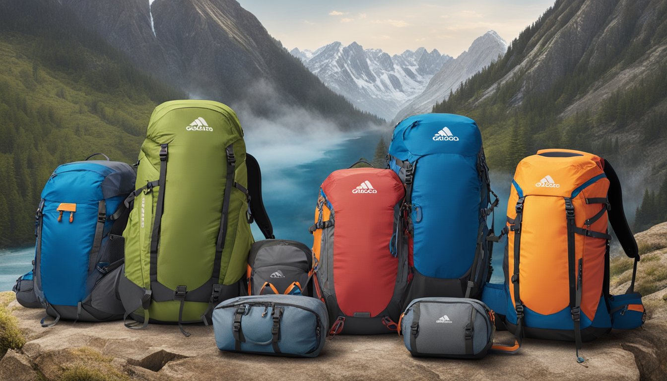 Key competitors' logos displayed on outdoor gear in a rugged mountain setting. Bold branding and high-quality materials stand out