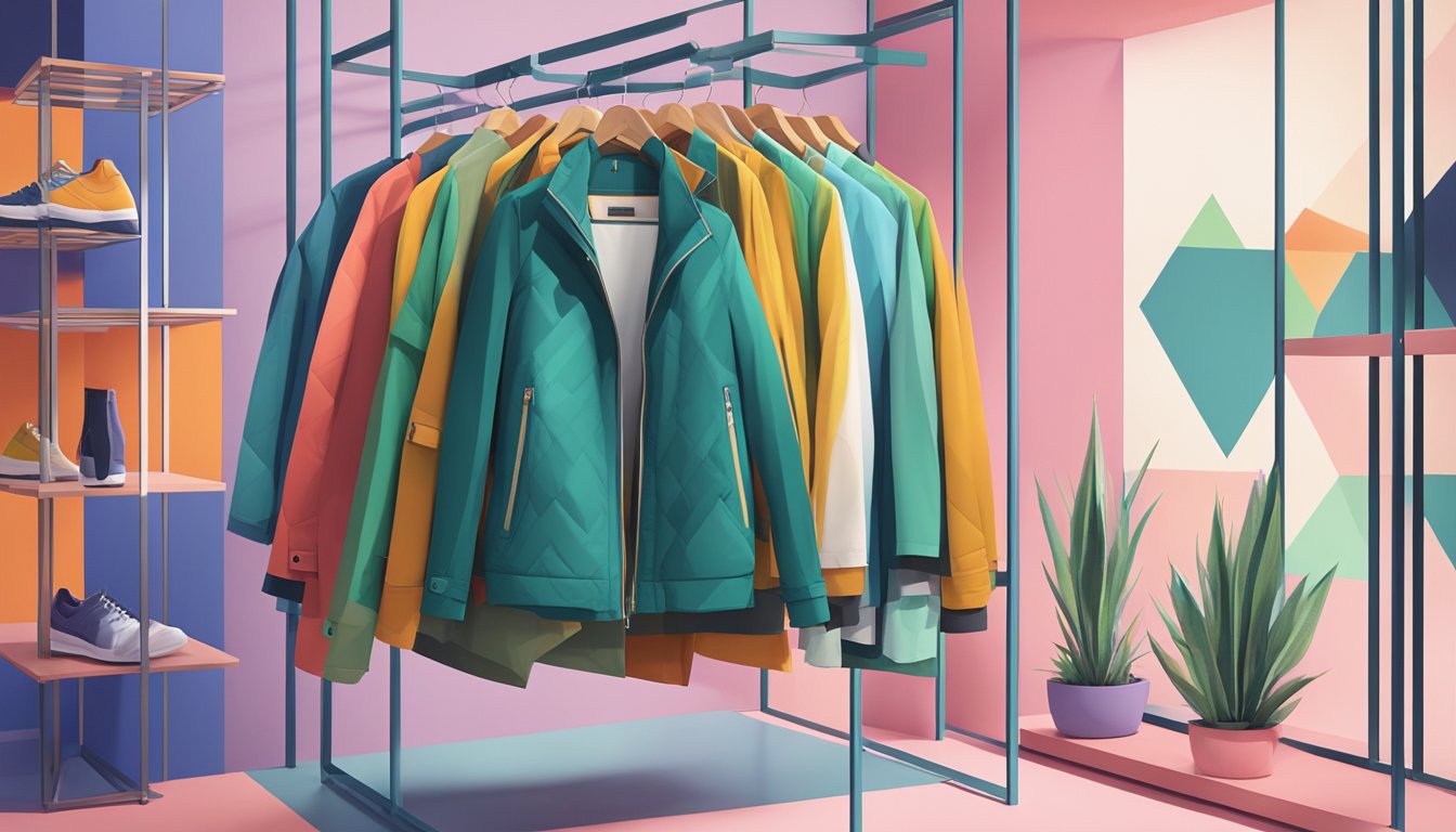 A modern, sleek outdoor jacket hangs on a minimalist display rack, surrounded by bold, geometric patterns and vibrant colors