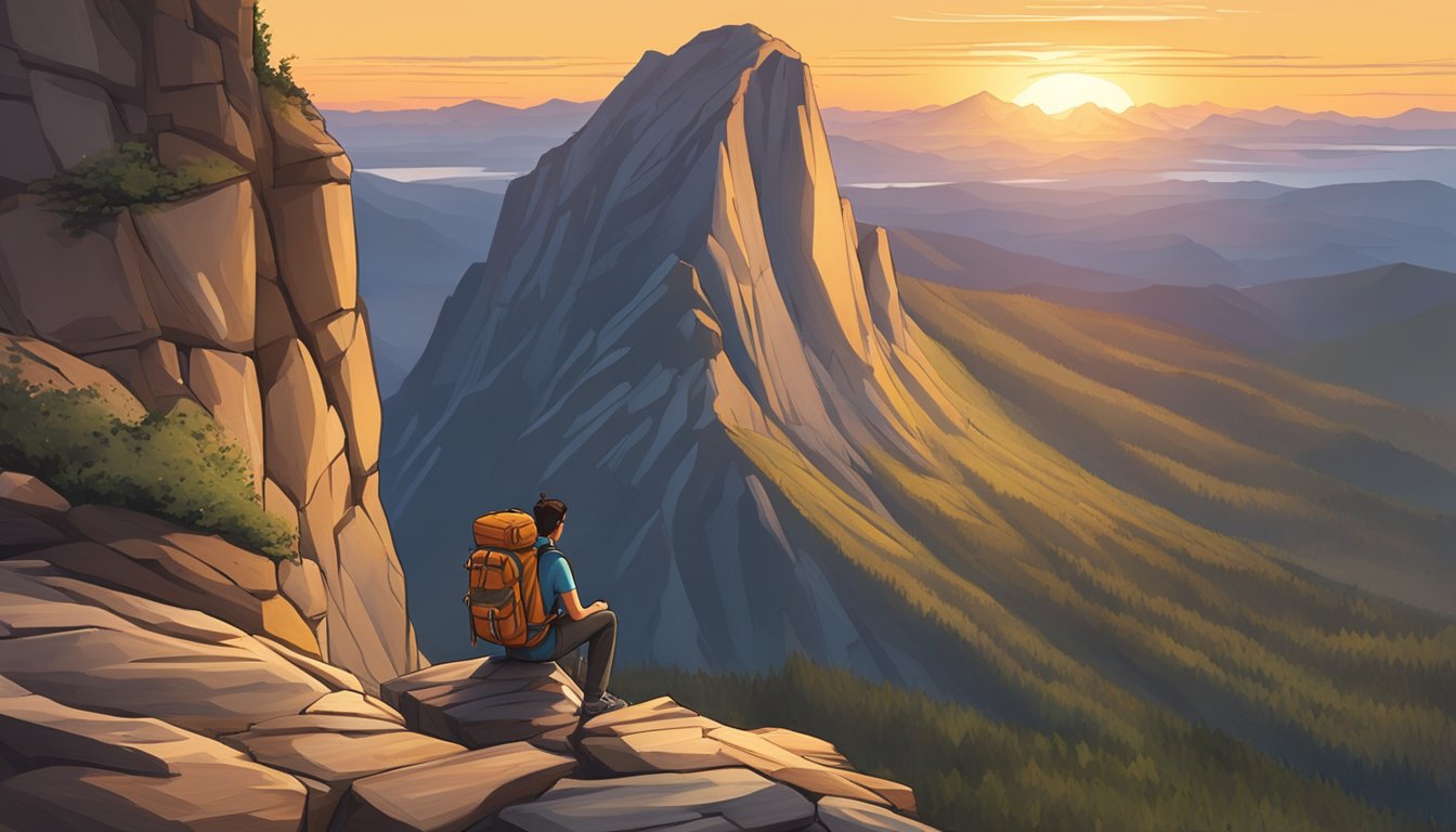 A mountain peak looms in the distance as a backpack sits at the edge of a cliff, overlooking a vast and rugged landscape. The sun sets in the background, casting a warm glow over the scene