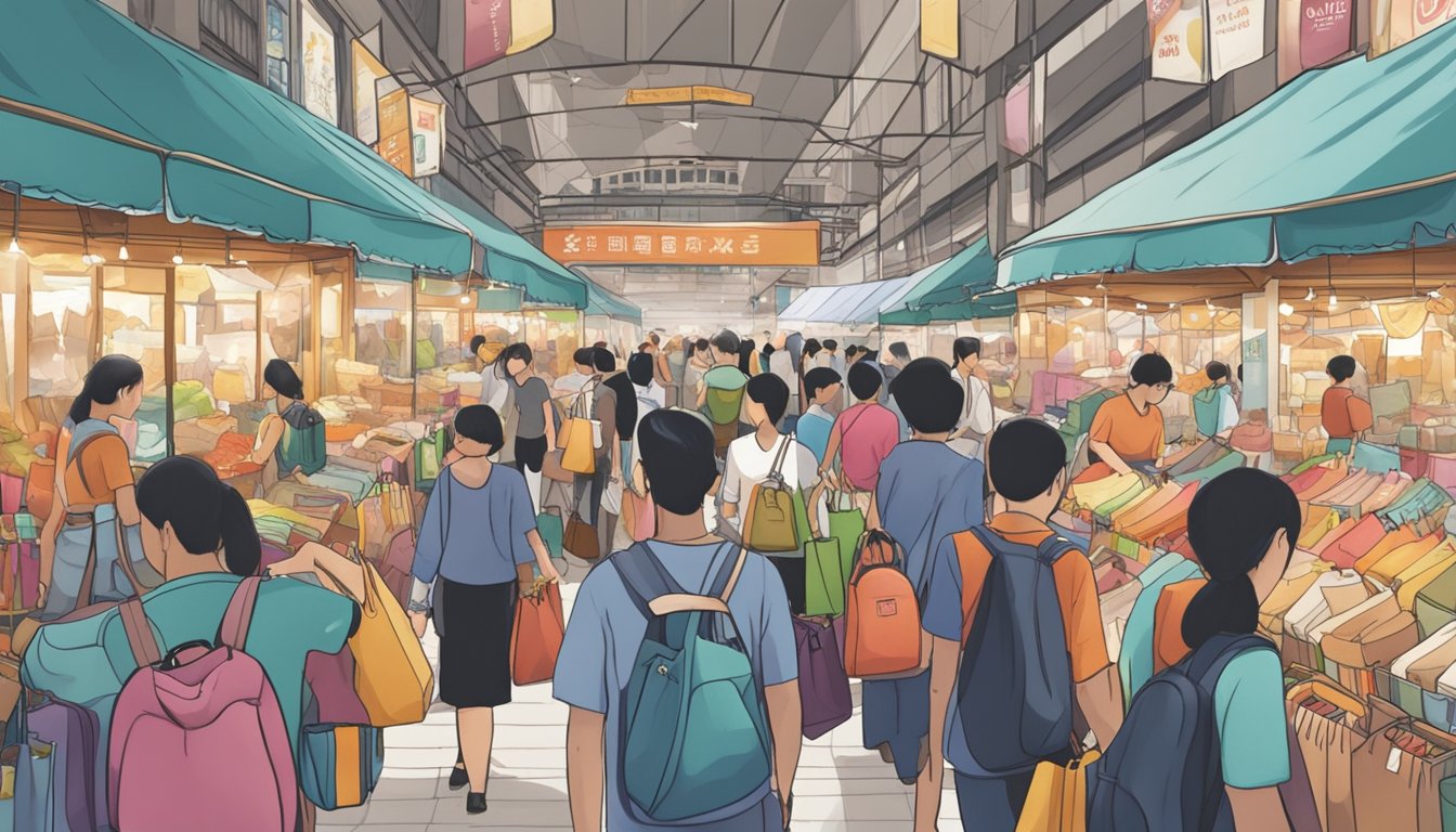 A bustling marketplace with rows of stalls showcasing various second-hand branded bags in Singapore. Shoppers browse through the selection, while sellers eagerly promote their products