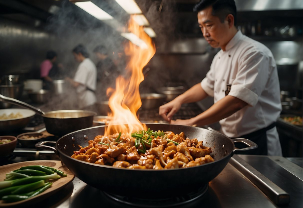 A wok sizzles with stir-fried chicken, garlic, and ginger, while a chef adds soy sauce and spices in a bustling Singaporean kitchen