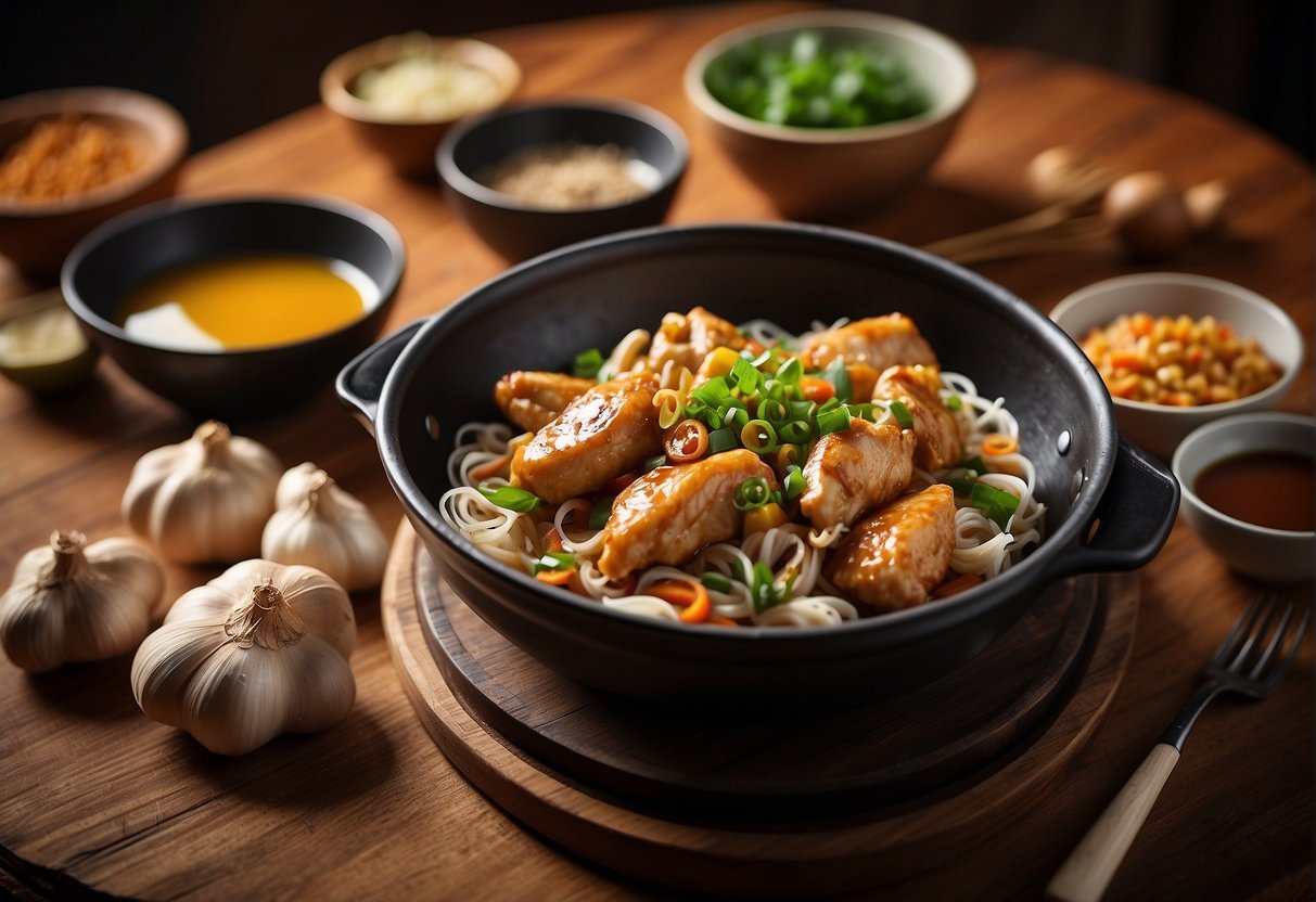 A table set with ingredients like ginger, garlic, soy sauce, and chicken, with a wok and cooking utensils nearby