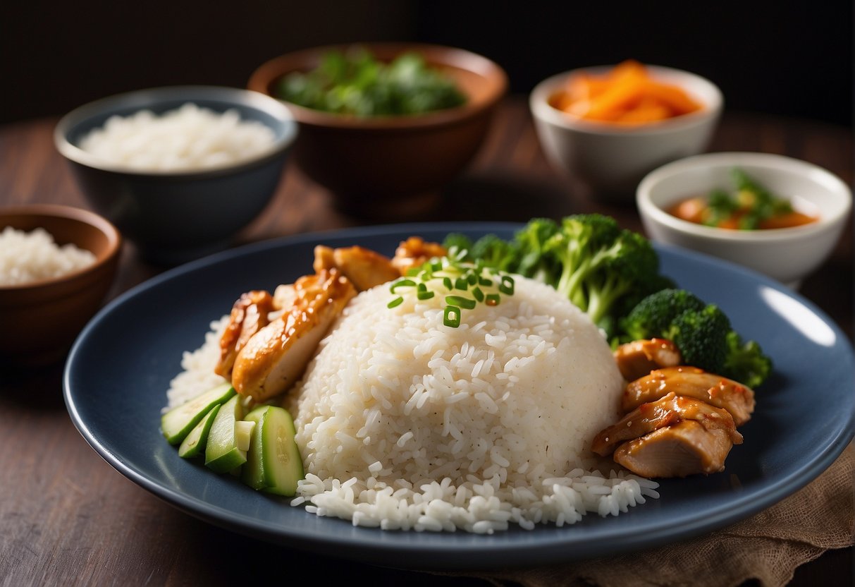 A steaming plate of Chinese-style chicken rice, with tender pieces of chicken, fragrant jasmine rice, and a side of fresh vegetables