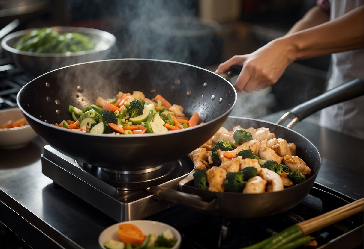 A wok sizzles as chicken is stir-fried with ginger, garlic, and soy sauce. A cleaver sits nearby, ready to chop fresh vegetables for the Singaporean-style dish