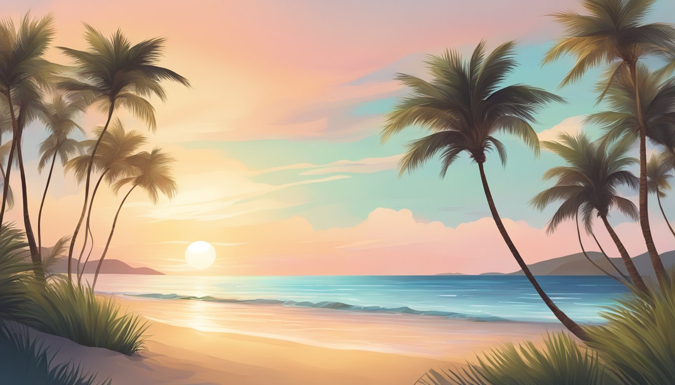 A serene beach at sunset with gentle waves and palm trees swaying in the breeze
