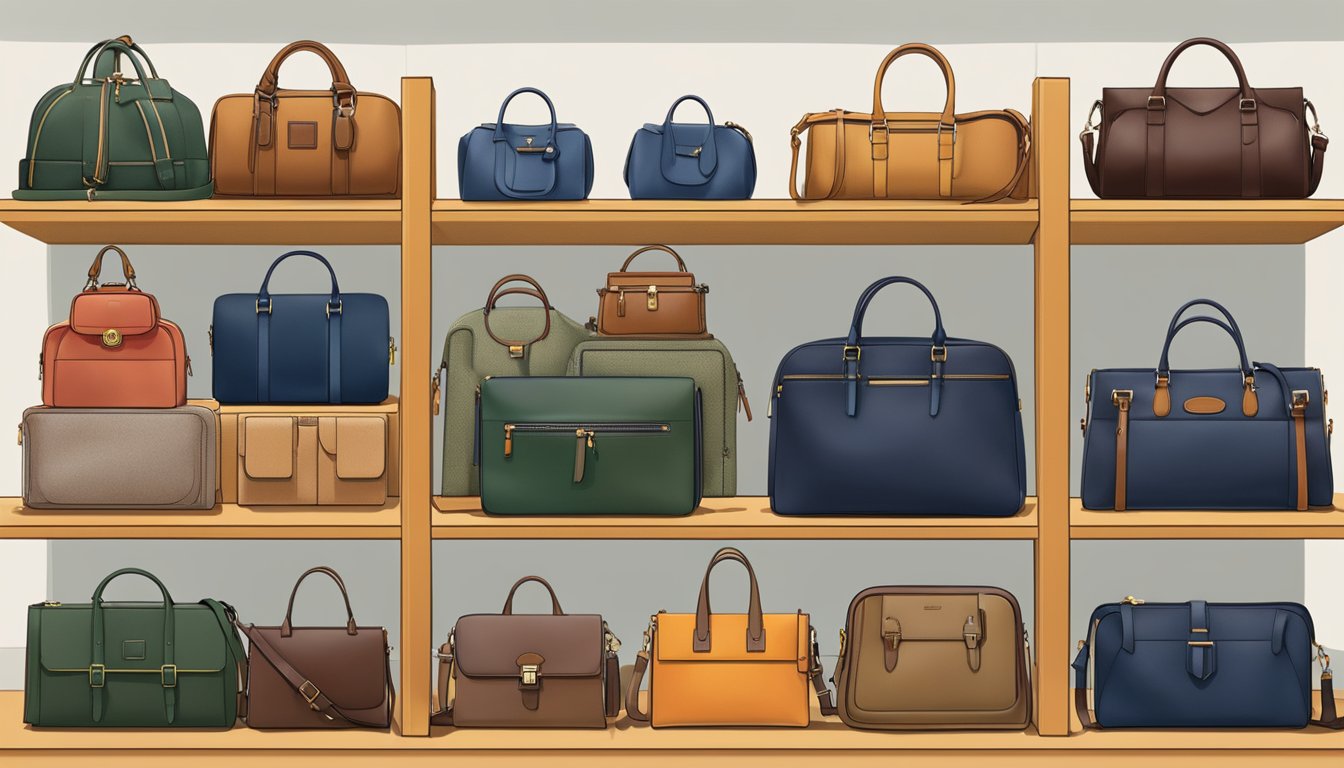 A display of British bag brands arranged on a shelf, showcasing a variety of sizes, colors, and styles
