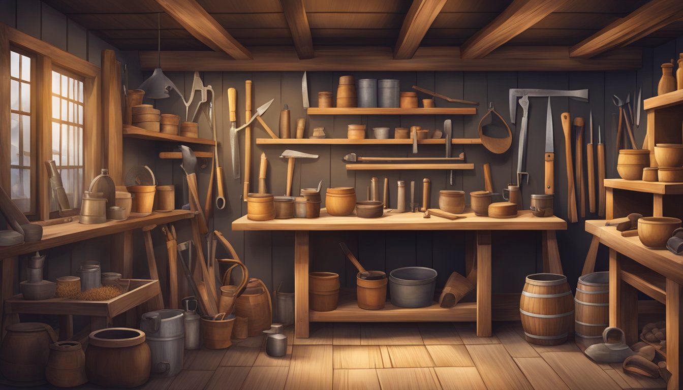 A rustic workshop with tools and materials, showcasing traditional craftsmanship and heritage