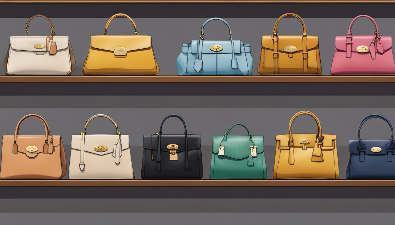 A row of classic British bag brands displayed on a shelf, including Mulberry, Burberry, and Anya Hindmarch