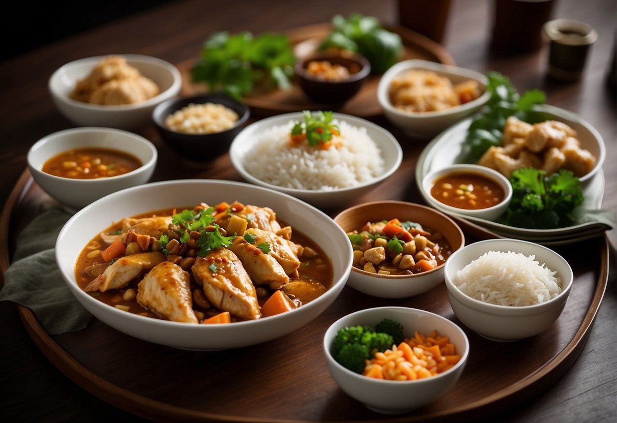 A table set with various popular chicken dishes in Singaporean Chinese cuisine, including Hainanese chicken rice, chicken curry, and kung pao chicken