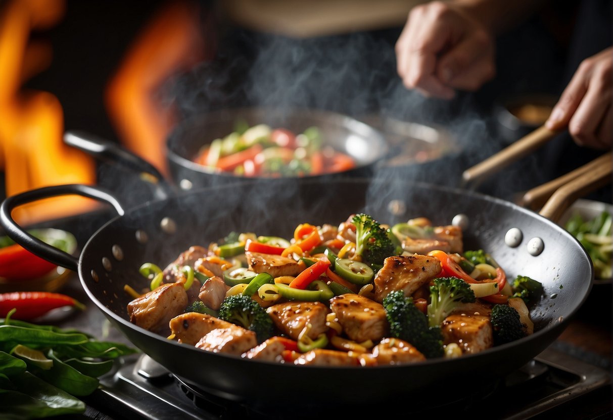 A sizzling wok stir-frying marinated chicken with vibrant Chinese and Singaporean spices. A colorful array of fresh vegetables and aromatic herbs await to be added to the dish