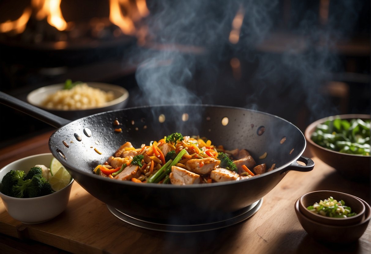 A wok sizzles over high heat. Chicken, garlic, and ginger are stir-fried. Rice and vegetables are added, then soy sauce and spices