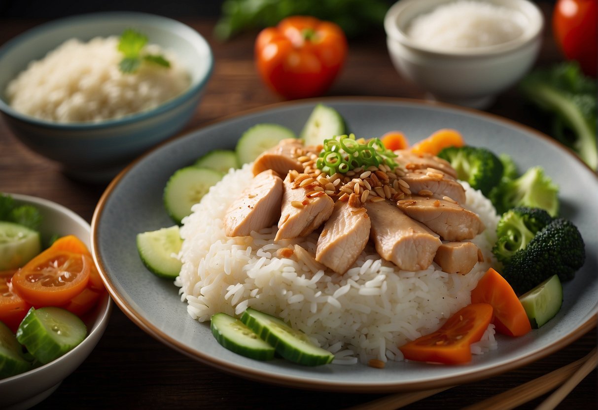 A steaming plate of Chinese-style chicken rice is elegantly arranged with vibrant vegetables and garnishes, showcasing the succulent meat and fragrant rice