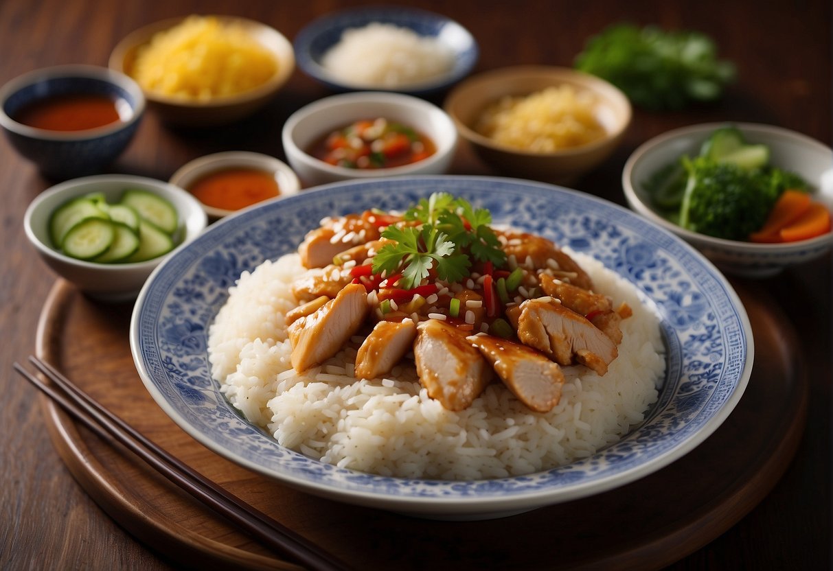 A steaming plate of Chinese-style chicken rice, surrounded by traditional condiments and garnishes, symbolizing cultural significance and regional variations