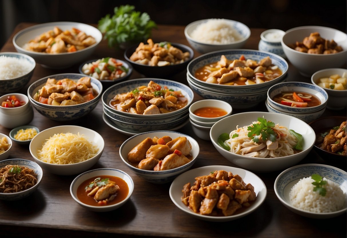 A table filled with various Chinese and Singaporean chicken dishes, labeled with "Frequently Asked Questions" signs