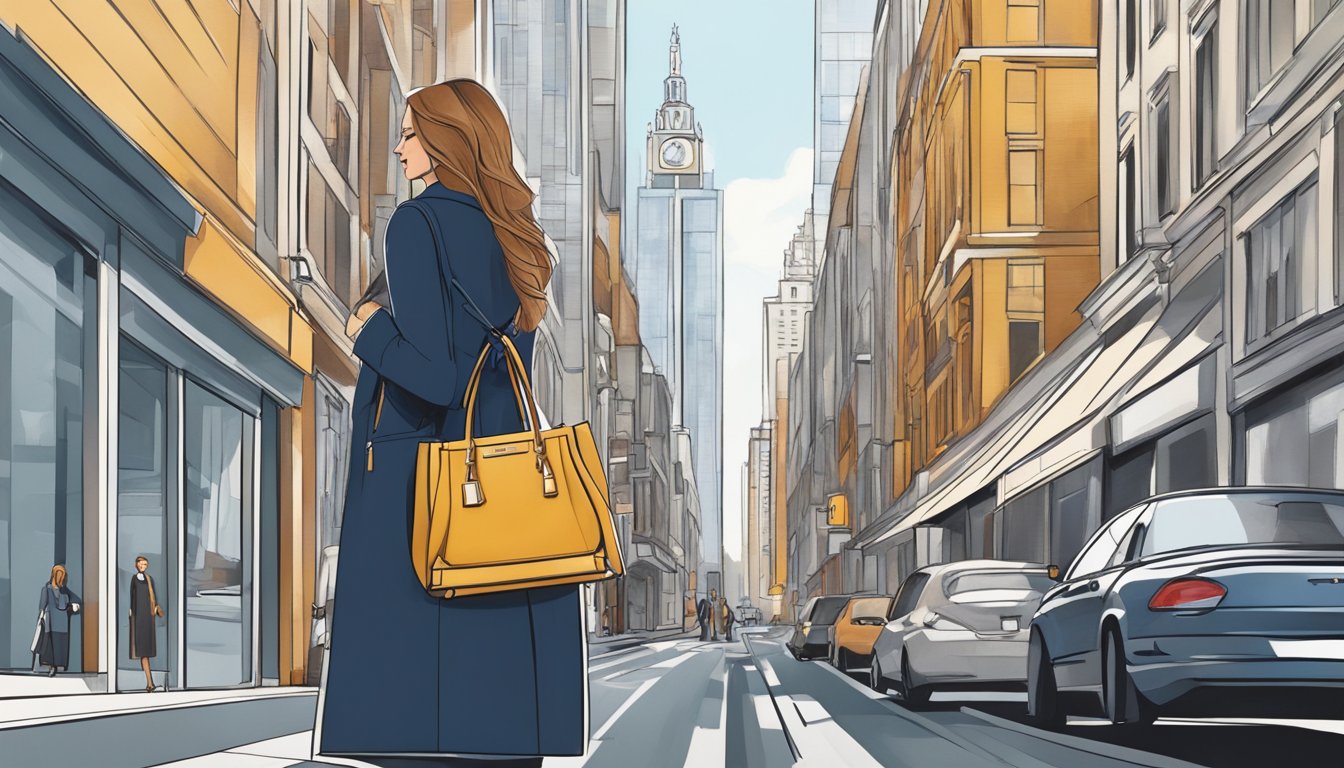 A stylish handbag hangs from a sleek, modern coat rack in a bustling city street, showcasing the fusion of fashion and functionality in British bag brands