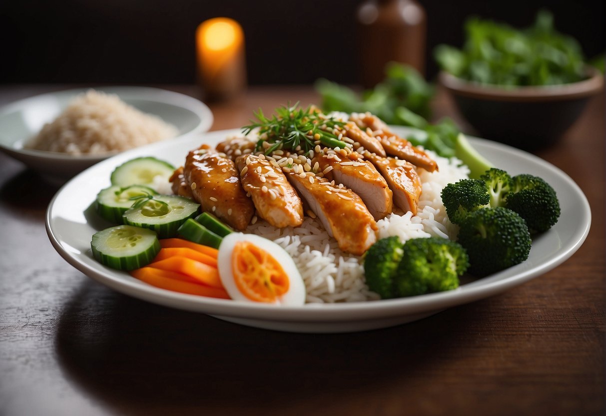 A steaming plate of Chinese-style chicken rice with a side of vegetables, garnished with sesame seeds and fresh herbs