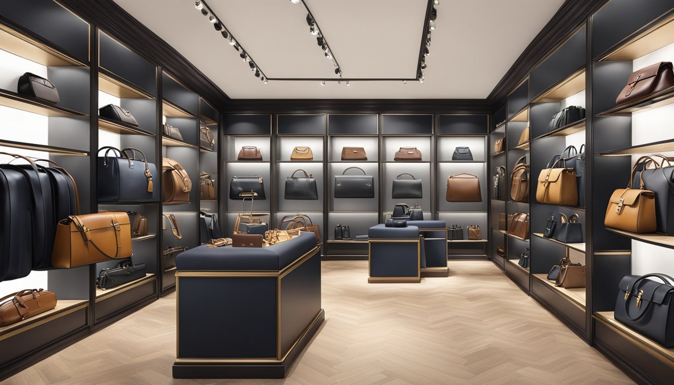 A sleek, high-end store display showcases iconic British bag brands, exuding luxury and exclusivity. Rich leather, fine craftsmanship, and elegant branding convey the essence of sophistication