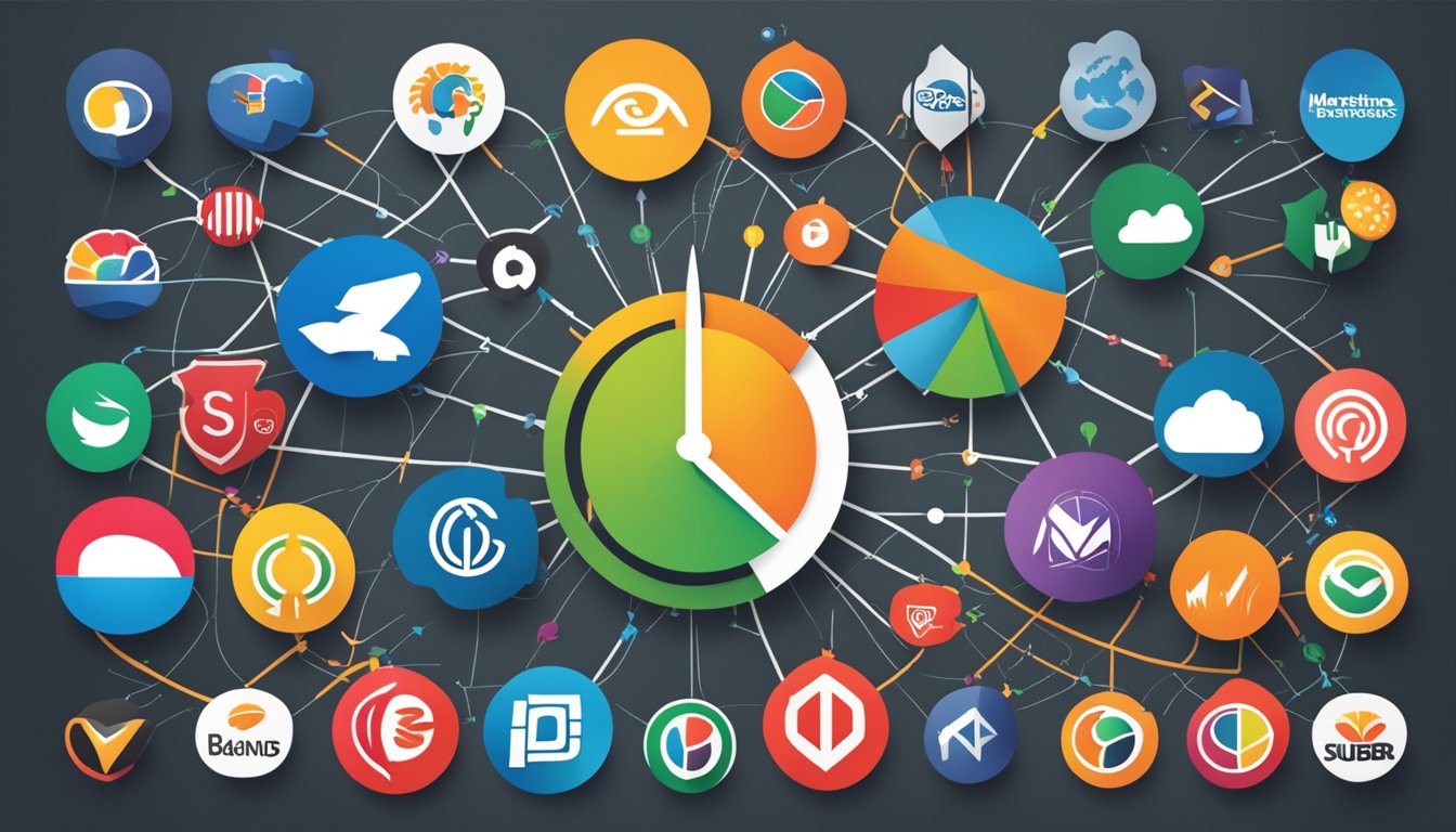 Various brand logos interconnected with arrows, representing marketing and growth strategies for sub brands