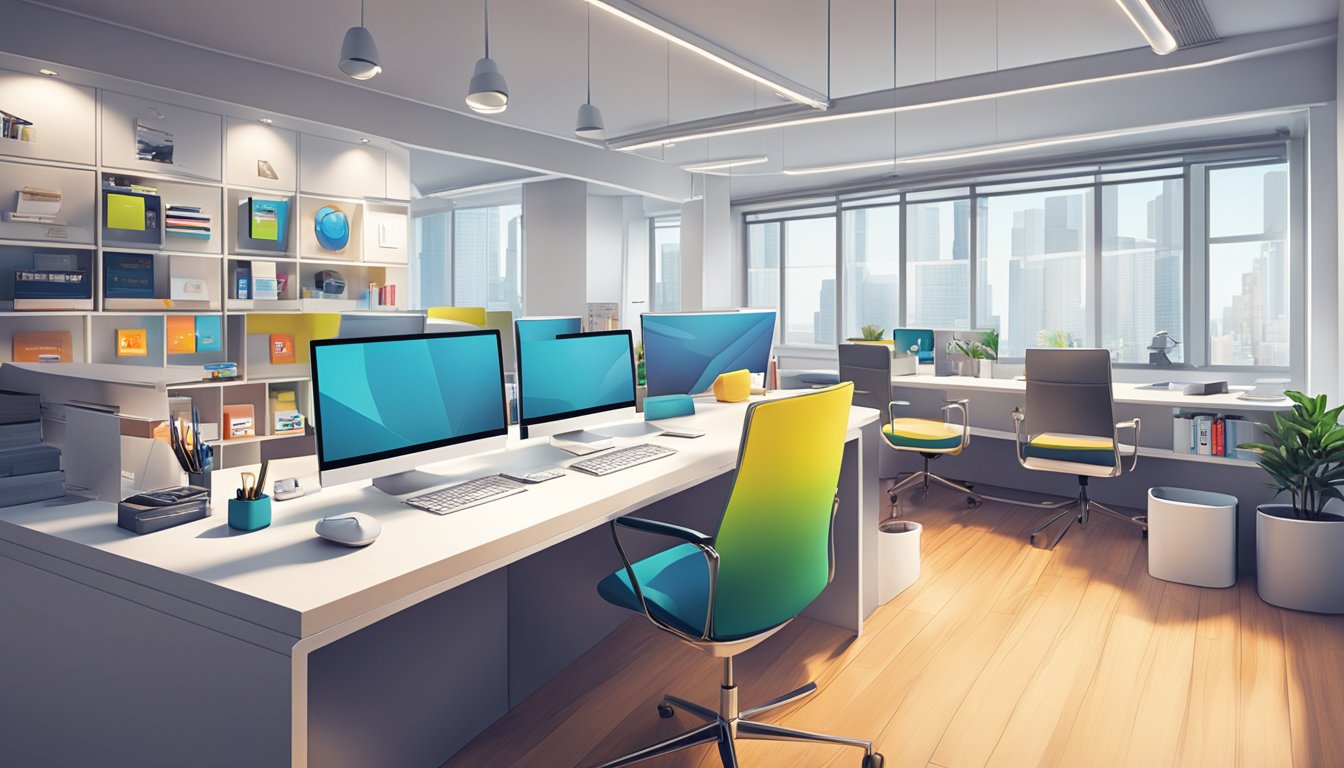 A sleek, modern office space with a wall filled with vibrant, eye-catching brand logos and designs. A portfolio of products and marketing materials displayed on a stylish, organized desk
